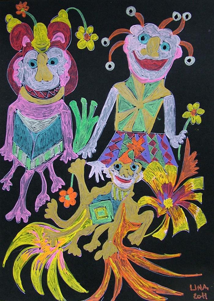 Figure fantastiche (dalla serie), 2011, pennarello a tempera acrilica su cartoncino nero, 29,7 x 21 cm